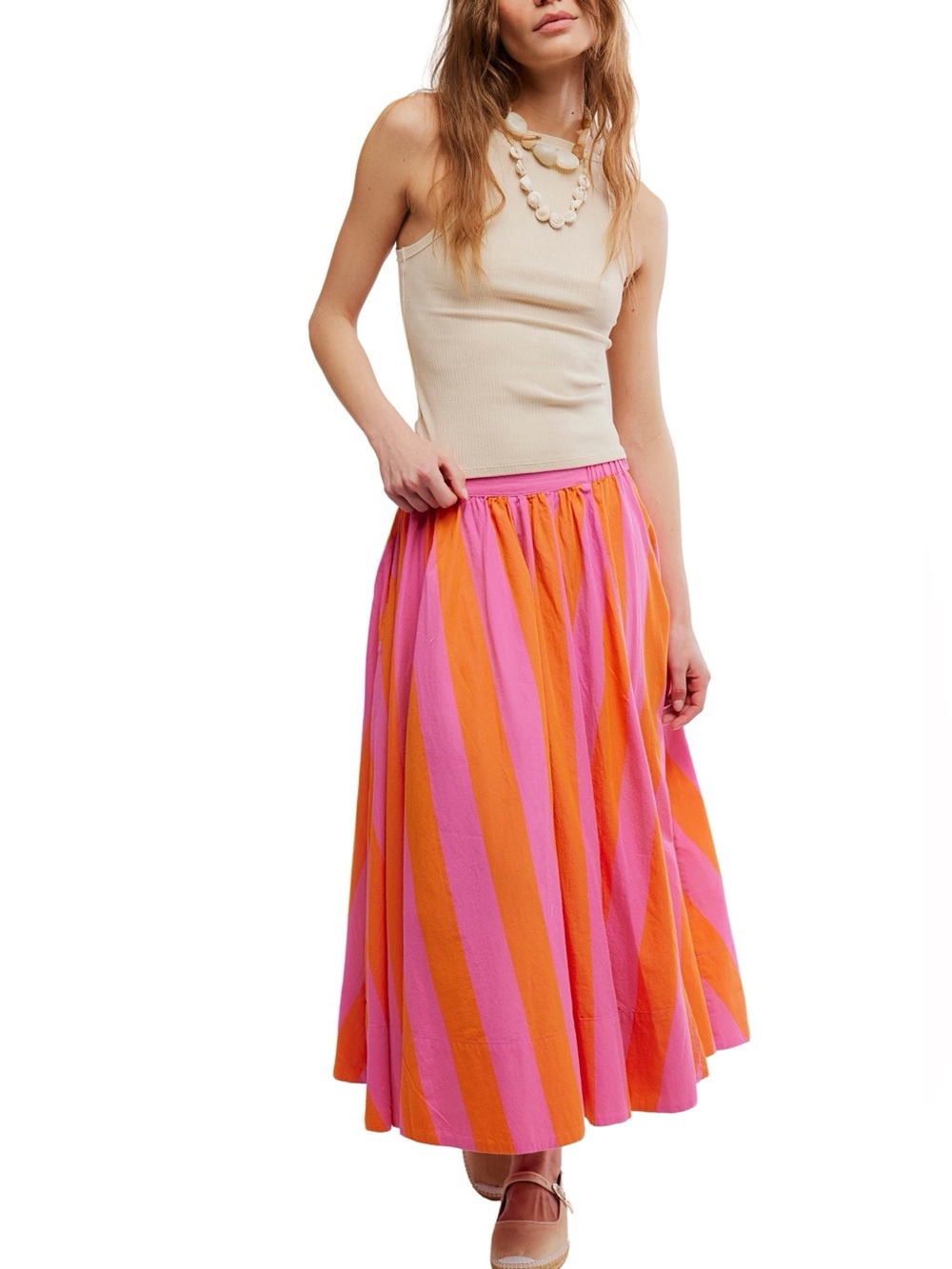 Free People Lowen Striped Midi Skirt Size Large Cotton Pockets Boho Pink Combo